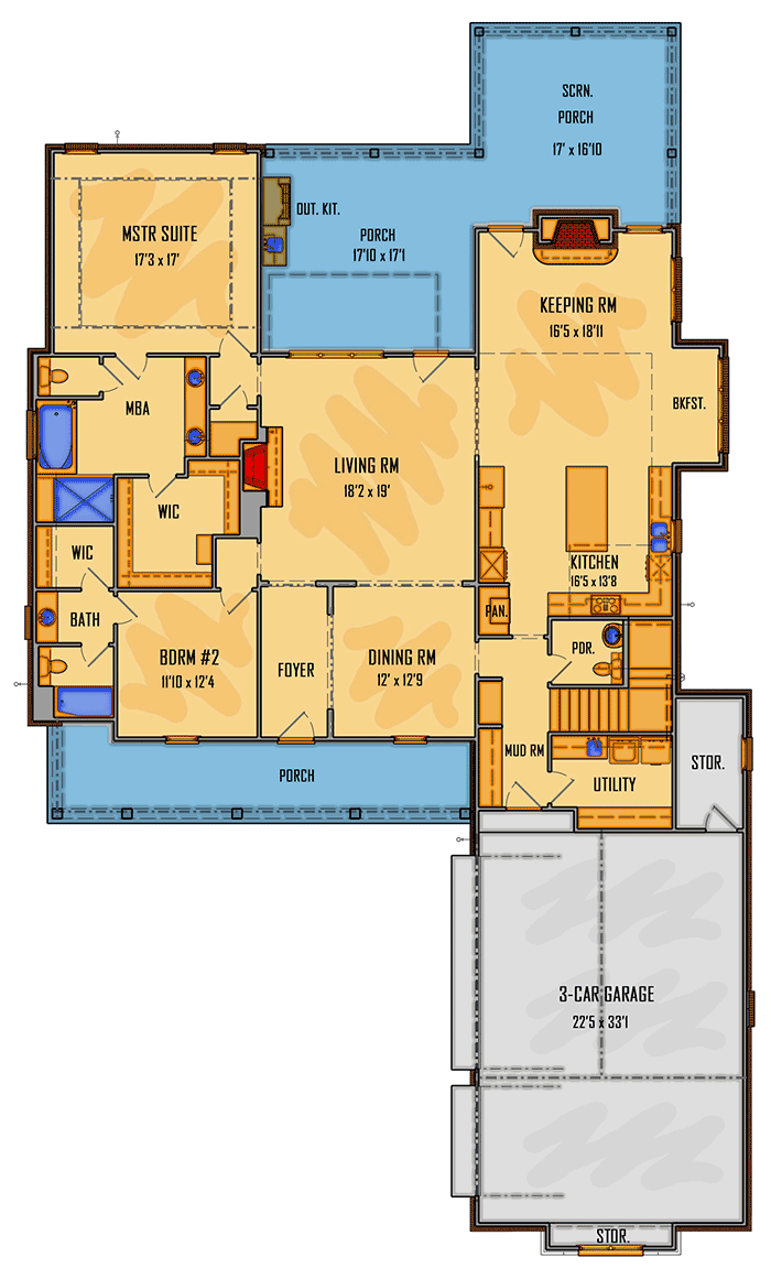 Plan 510080WDY: Two-Story Country House Plan with Large Screened Porch - Floor Plan - Main Level - Acadian, Country, Farmhouse, Louisiana-Style, New American, Southern