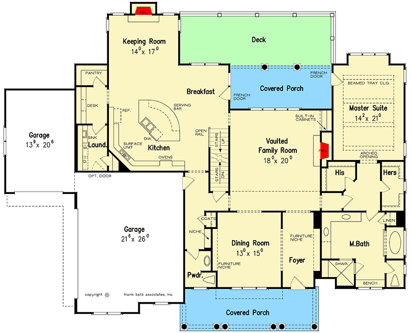 Plan 710198BTZ: 4-Bed House Plan with Brick and Vertical Siding Exterior - Floor Plan - Main Level - Southern, Traditional