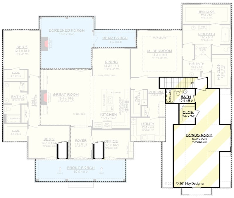 Plan 51802HZ: Charming Southern Home Plan with Optional Bonus Room - 2854 Sq Ft - Floor Plan - Optionally Finished Bonus - Acadian, Louisiana-Style, Southern