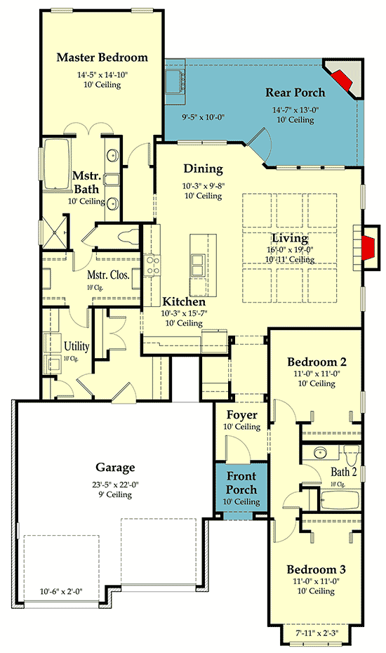 Plan 860022MCD: 3-Bed French Country Cottage with 2-Car Garage - Floor Plan - Main Level - Acadian, French Country, Louisiana-Style, Southern