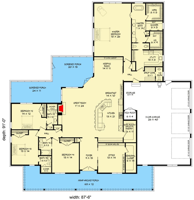 Plan 68607VR: 4-Bed Ranch Home Plan with Open-Concept Living - Floor Plan - Main Level
