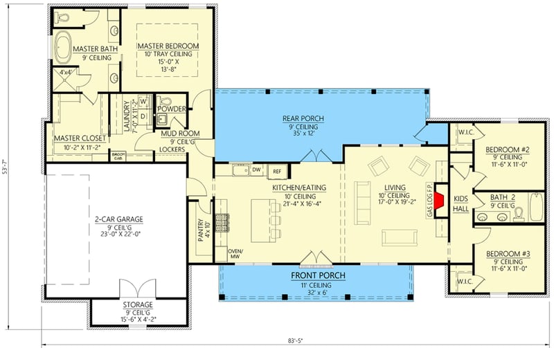 Plan 56443SM: Modern Farmhouse with Split Beds and Ample Outdoor Living Space - 1991 Sq Ft - Floor Plan - Main Level - Country, Farmhouse, Modern Farmhouse, New American, Ranch