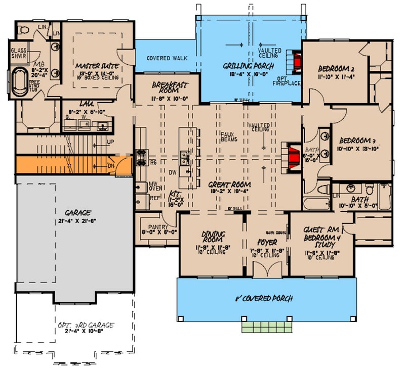 Plan 70628MK: Modern Farmhouse Plan with Vaulted and Beamed Great Room - 2220 Sq Ft - Floor Plan - Basement Stair Location - Cottage, Country, Farmhouse, Modern Farmhouse, New American, Southern