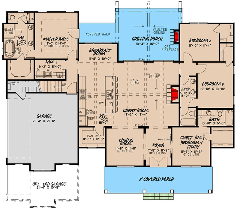 Plan 70628MK: Modern Farmhouse Plan with Vaulted and Beamed Great Room - 2220 Sq Ft - Floor Plan - Main Level - Cottage, Country, Farmhouse, Modern Farmhouse, New American, Southern