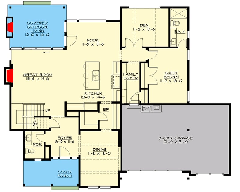 Plan 23811JD: Two-Story Modern Farmhouse with Second-Level Master Bed - Floor Plan - Main Level - Country, Farmhouse, Modern Farmhouse, Traditional