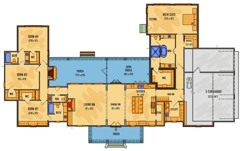 Plan 510100WDY: Superb One-level House Plan with Large Covered Porch - Floor Plan - Main Level - Country, European, French Country, Southern