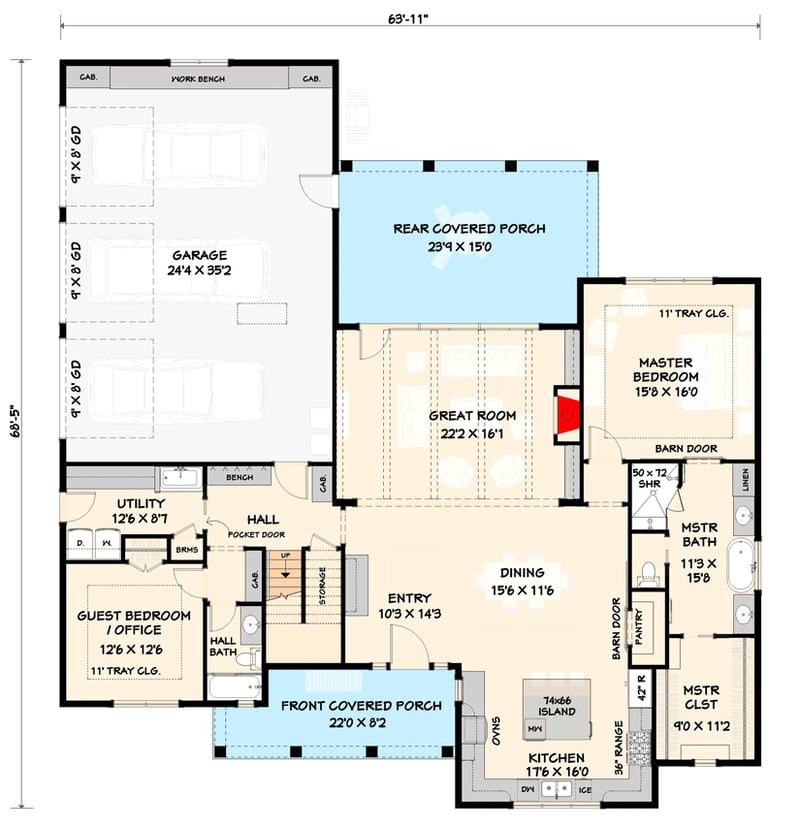 Plan 28935JJ: Master-Down Modern Farmhouse Plan with Front and Rear Porches - Floor Plan - Main Level - Bungalow, Cottage, Country, Farmhouse, Modern Farmhouse, New American