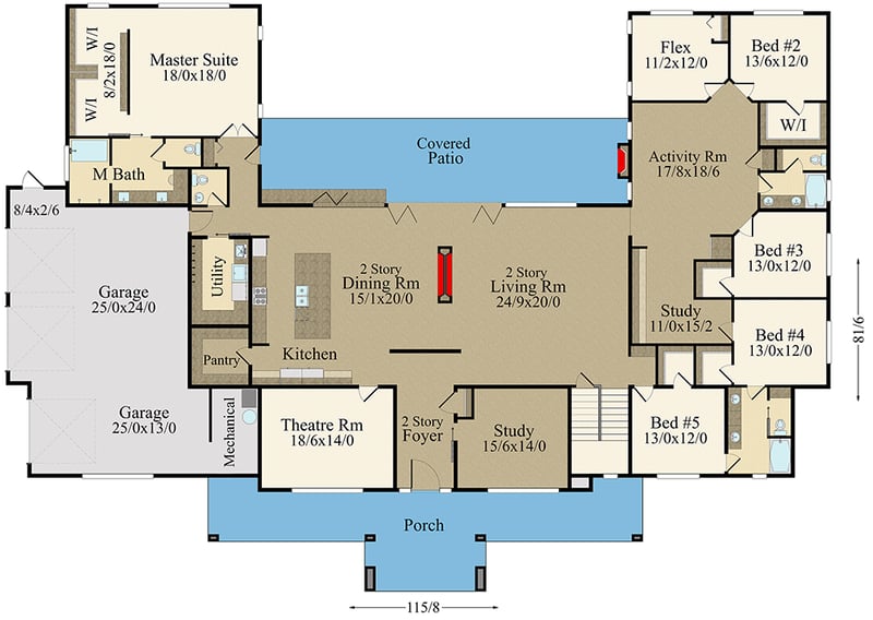 Plan 85322MS: Sprawling 6-Plus Bedroom Prairie-Style House Plan - Floor Plan - Main Level - Northwest, Prairie