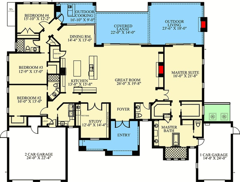 Plan 24117BG: Luxurious Mediterranean Beach Home with Open-Concept Floor Plan - Floor Plan - Main Level - Coastal, Contemporary, European, Florida-Style, Mediterranean, Southern