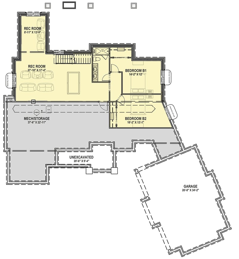 Plan 64474SC: Mountain Craftsman Home Plan with Optional Bonus Level - Floor Plan - Lower Level - Country, Craftsman, Mountain, New American, Rustic, Transitional