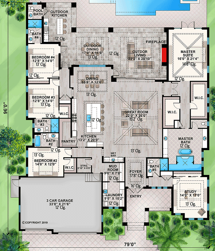 Plan 86084BW: Deluxe Contemporary Beach Home with Large Lanai for Outdoor Living - Floor Plan - Main Level - Coastal, Contemporary, Florida-Style, Vacation