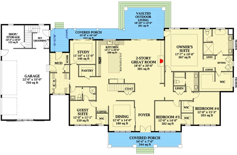 Plan 46394LA: Sophisticated Farmhouse Plan with Two-Story Great Room - Floor Plan - Main Level - Country, Craftsman, Farmhouse, Modern Farmhouse