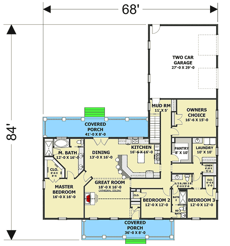 Plan 25011DH: One-level Country House Plan with Front and Back Covered Porches - Floor Plan - Main Level - Ranch, Southern