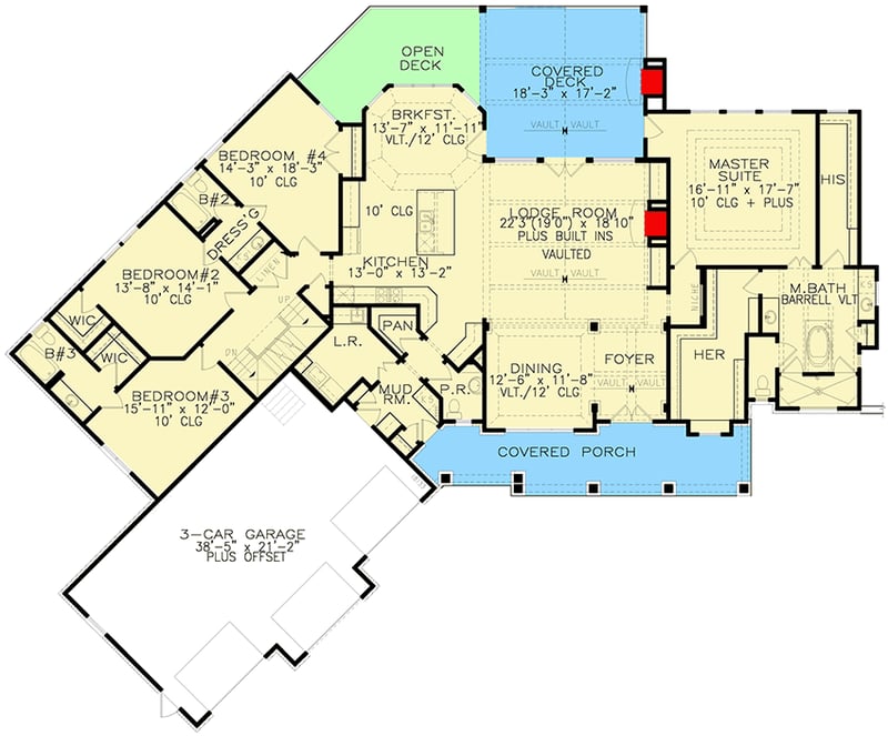 Plan 25676GE: Impressive Country Craftsman with Optional Bonus Level - Floor Plan - Main Level - Country, Craftsman, Mountain