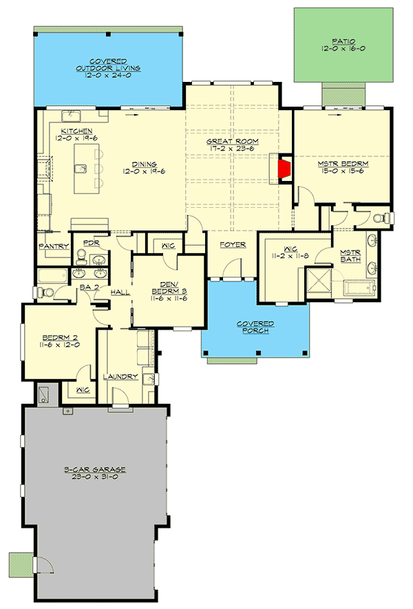 Plan 23838JD: New American House Plan with Vaulted Great Room and One-Level Living - 2210 Sq Ft - Floor Plan - Main Level - Craftsman, Modern Farmhouse, New American, Ranch