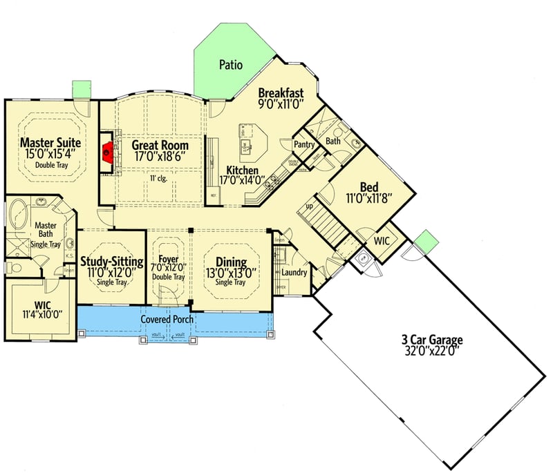 Plan 24403TW: One-level Country House Plan with Study in Master Suite - Floor Plan - Main Level - Country, Craftsman, New American, Traditional
