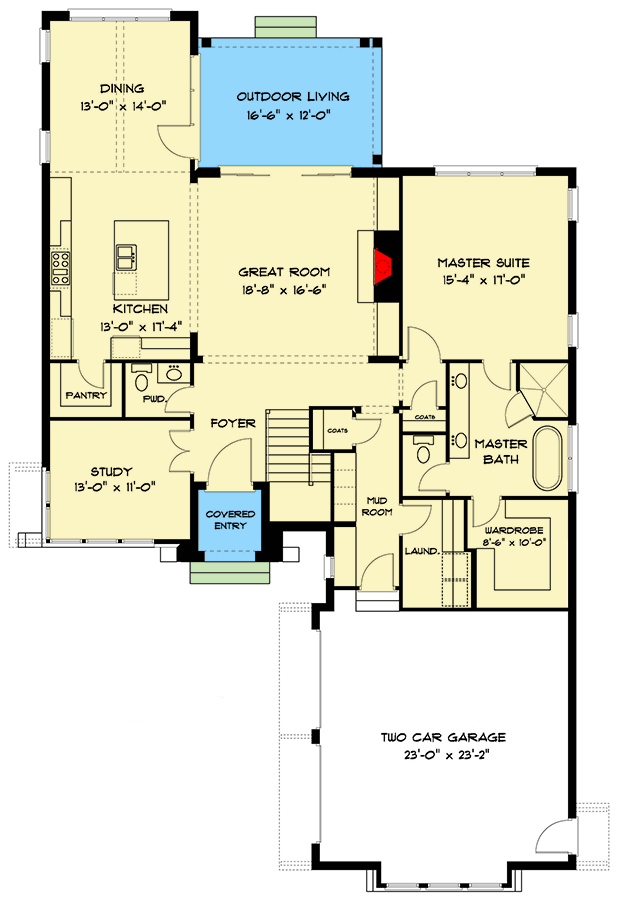 Plan 93130EL: Exclusive Two-Story House Plan with Main-level Master - Floor Plan - Main Level - European, French Country, Transitional