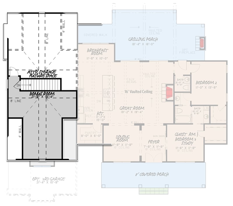 Plan 70634MK: 3-Bed Modern Farmhouse Plan with Bonus Room Above the Garage - Floor Plan - Bonus - Cottage, Country, Farmhouse, Modern Farmhouse, New American, Southern