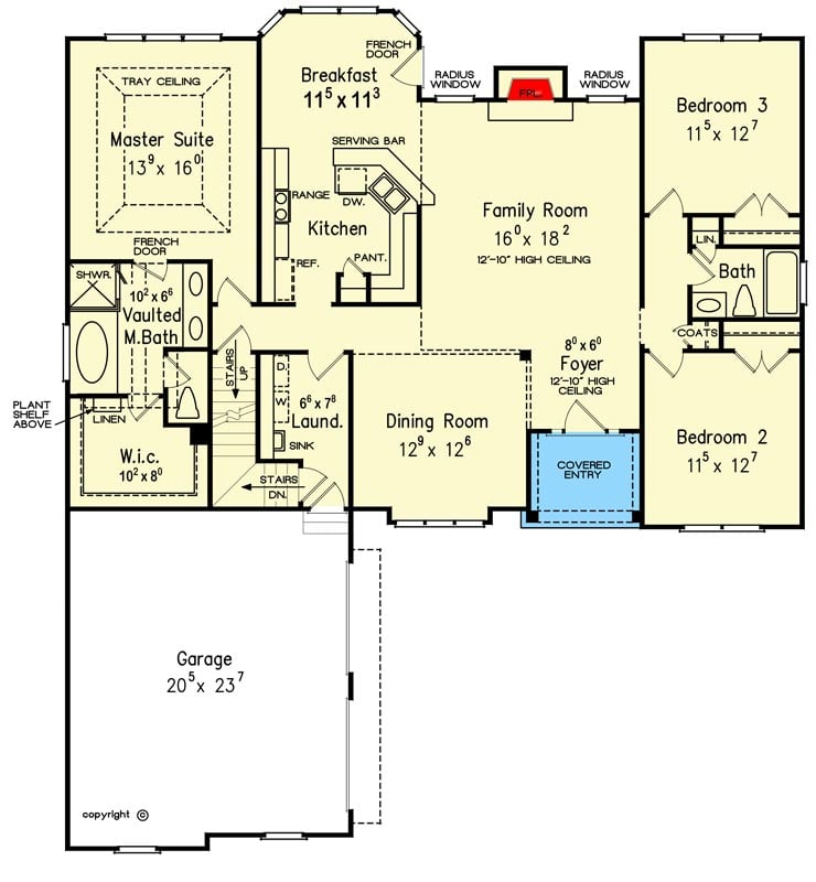 Plan 710309BTZ: 3-Bed Traditional Home Plan with Bonus Room - Floor Plan - Main Level - Country, New American, Traditional