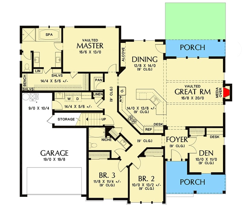 Plan 69740AM: Charming Country Craftsman House Plan with Rec Room Over Garage - Floor Plan - Main Level - Country, Craftsman, Northwest