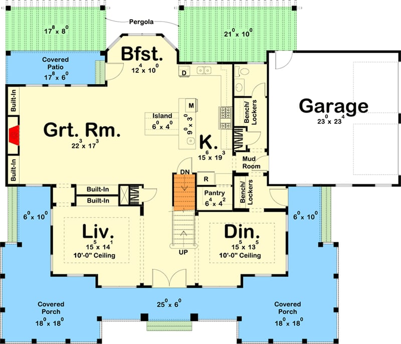 Plan 62797DJ: Classic Southern Home Plan with Wrap Around Porch and Side-Load Garage - Floor Plan - Main Level - Colonial, Country, Southern, Southern Traditional