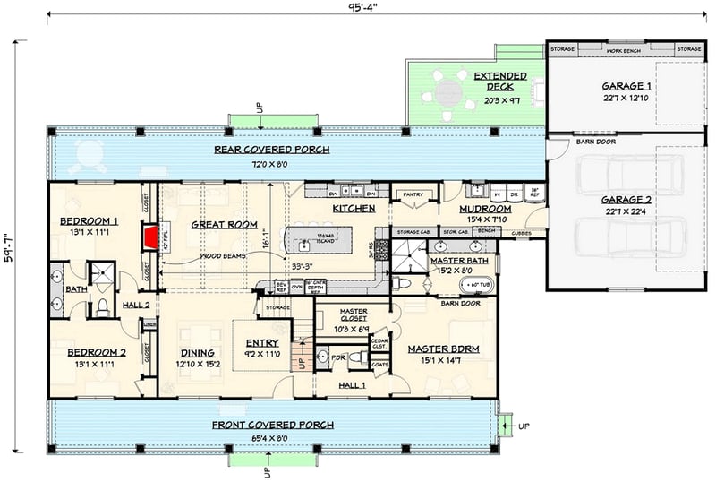 Plan 28937JJ: Country Farmhouse Plan with 8-Foot-Deep Front and Rear Porches - 2934 Sq Ft - Floor Plan - Main Level - Farmhouse, Modern Farmhouse, New American, Ranch, Traditional