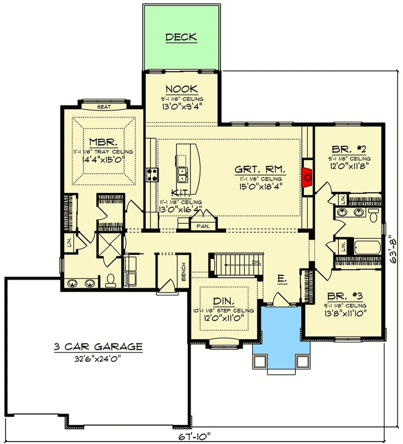 Plan 890117AH: 4-Bed Craftsman Ranch Home Plan for a Rear-Sloping Lot - Floor Plan - Main Level - Craftsman, Mountain, Ranch, Traditional