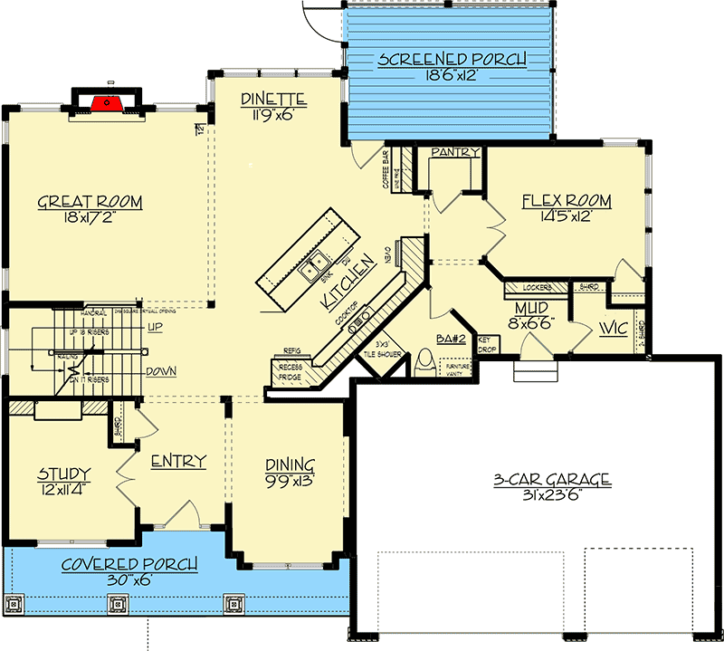 Plan 73467HS: Exclusive New American House Plan with Broad Shed Dormer - Floor Plan - Main Level - Country, New American, Transitional