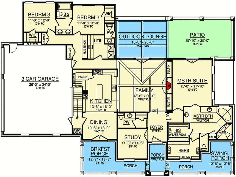 Plan 36582TX: 3-Bed Hill Country House Plan with Bonus Room above Garage - Floor Plan - Main Level - Hill Country