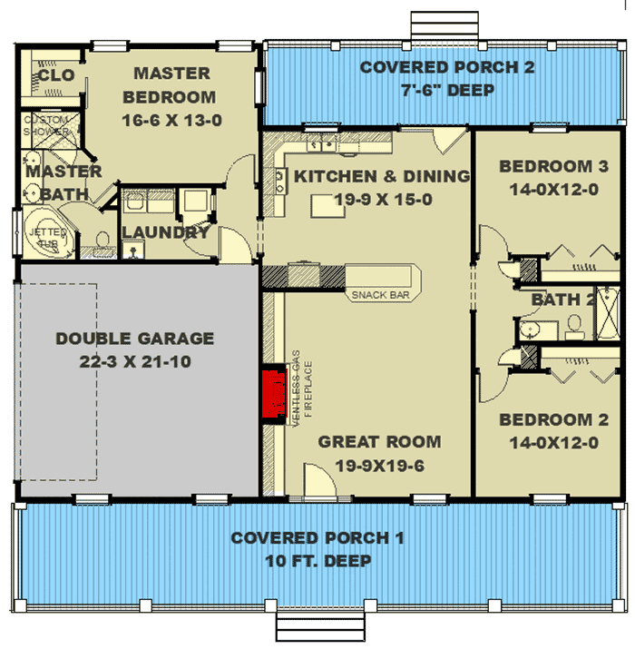 Plan 25016DH: 3-Bed One-Story House Plan with Decorative Gable - 1611 Sq Ft - Floor Plan - Main Level - Cottage, Country, Farmhouse, Ranch