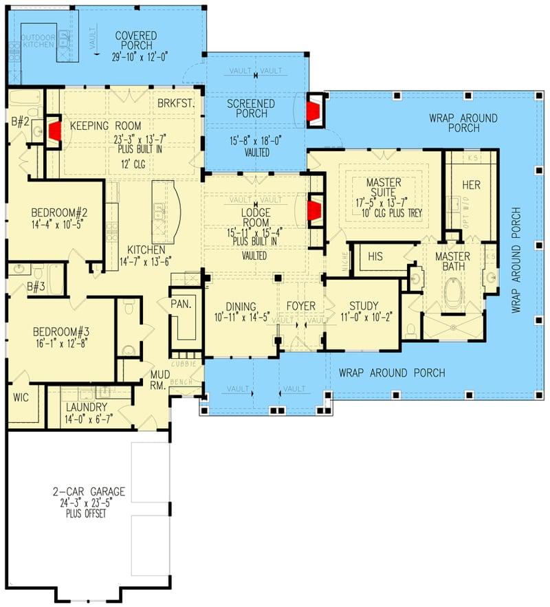 Plan 25681GE: Modern Farmhouse Plan with Quintessential Wrap-Around Porch - 2795 Sq Ft - Floor Plan - Main Level - Country, Craftsman, Modern Farmhouse, New American