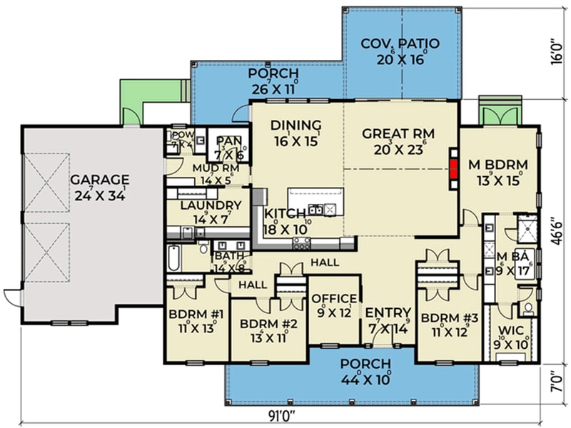Plan 280067JWD: 4-Bed Country House Plan with Front and Rear Porch - Floor Plan - Main Level - Country, Craftsman, Farmhouse, Modern Farmhouse, New American, Ranch