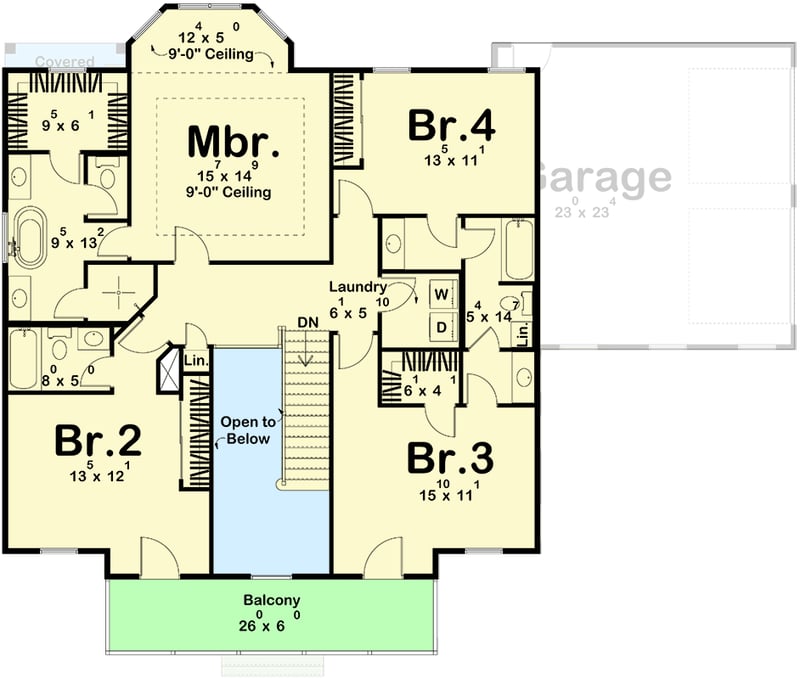 Plan 62807DJ: 4-Bed Southern Colonial House Plan with 2-Car Side-Load Garage - Floor Plan - 2nd Floor - Colonial, Southern