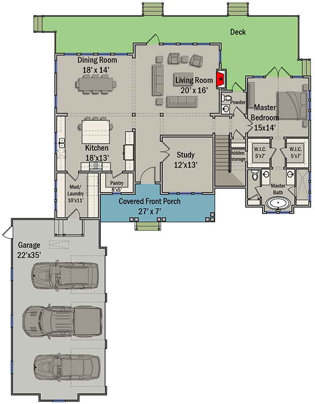 Plan 25413TF: Two-Story Farmhouse Plan with First-Floor Master - Floor Plan - Main Level - Country, Farmhouse, Modern Farmhouse, New American, Traditional