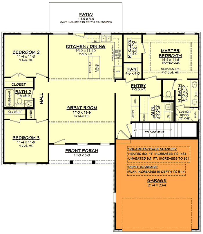 Plan 51819HZ: 3-Bed Contemporary Farmhouse Plan with Private Master Suite - 1416 Sq Ft - Floor Plan - Main Floor - Basement Version - Cottage, Country, Farmhouse, Modern Farmhouse, Traditional