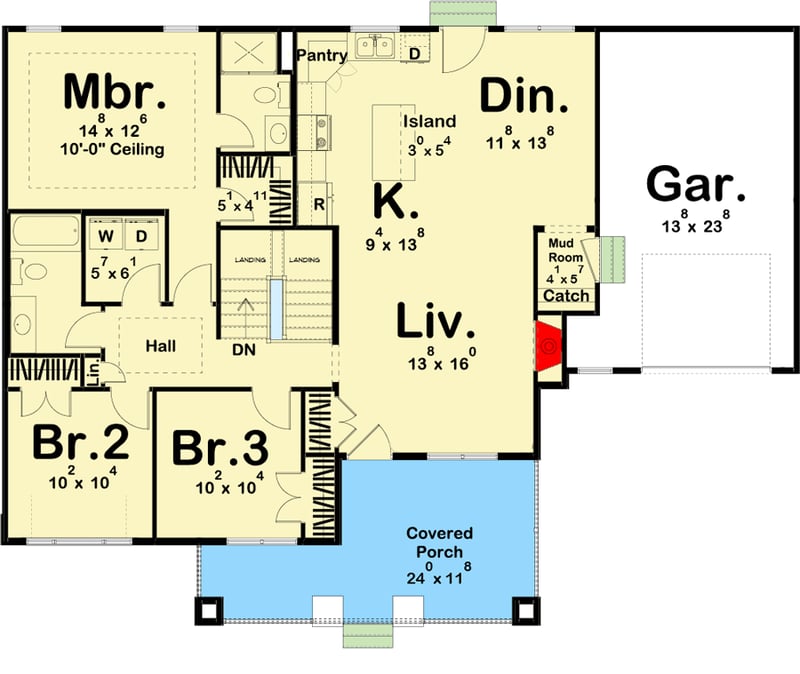 Plan 62820DJ: 3-Bed Cottage-style House Plan with Open Floor Plan - Floor Plan - Main Level - Cottage, Country, Craftsman, New American, Traditional