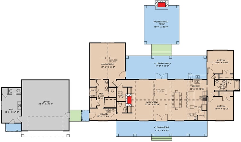 Plan 70637MK: Exquisite Country Ranch Home with Detached Garage and Shop - 2191 Sq Ft - Floor Plan - Main Level - Country, Farmhouse, Ranch