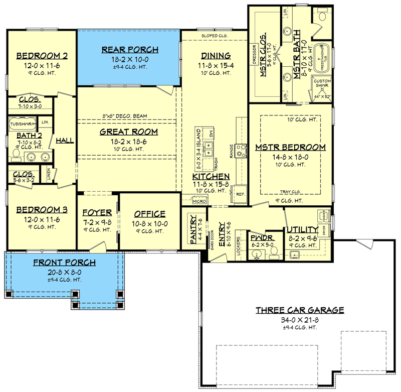 Plan 51821HZ: Split Bedroom New American Ranch Home Plan - 2230 Sq Ft - Floor Plan - Main Level - Hill Country, New American, Ranch
