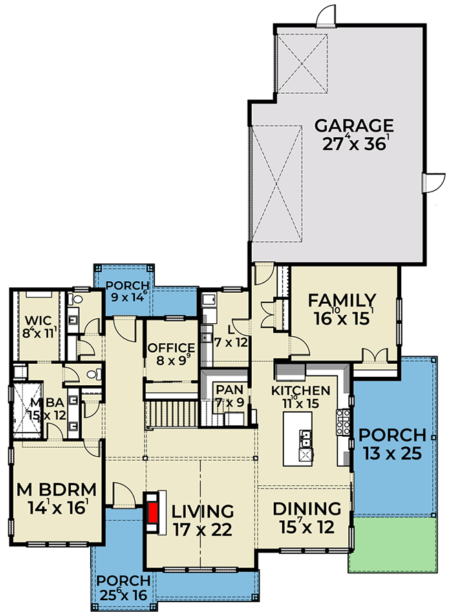 Plan 280070JWD: American Farmhouse Plan with Rear Courtyard Garage - Floor Plan - Main Level - Country, Farmhouse, Modern Farmhouse, New American