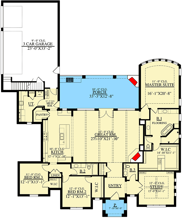 Plan 915024CHP: European Ranch Home Plan with Large Rear Porch - Floor Plan - Main Level - European, Traditional