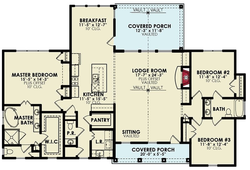 Plan 25695GE: One-Story Split-Bed House Plan with Vaulted Interior - 1925 Sq Ft - Floor Plan - Main Level - Country, Ranch, Rustic, Southern, Traditional