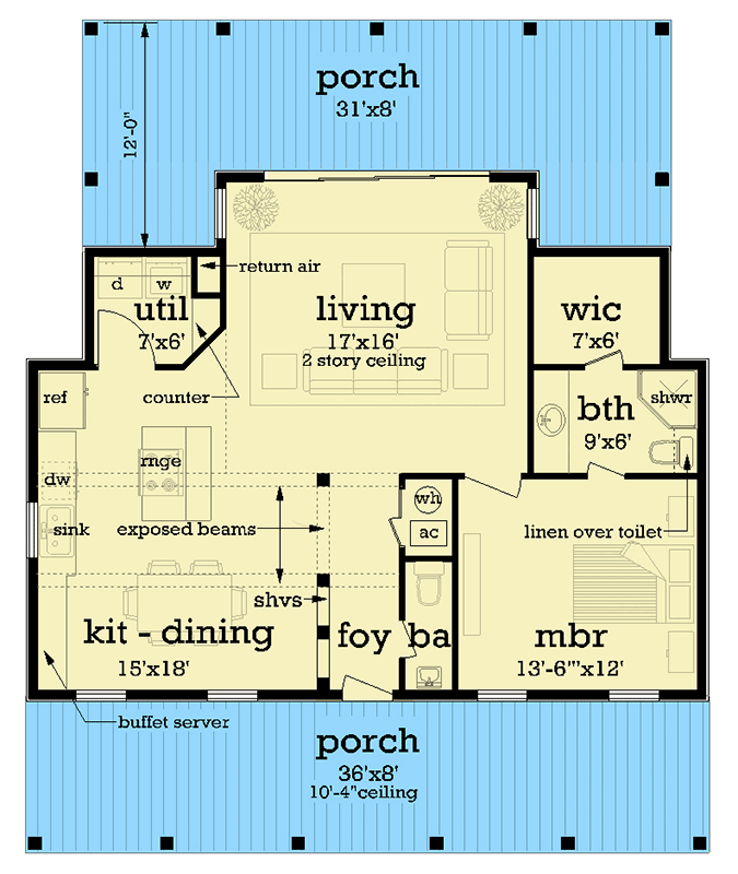 Plan 55212BR: 1-Story Cottage House Plan with Open Living Space - 902 Sq Ft - Floor Plan - Main Level - Cottage, Country, Southern, Traditional