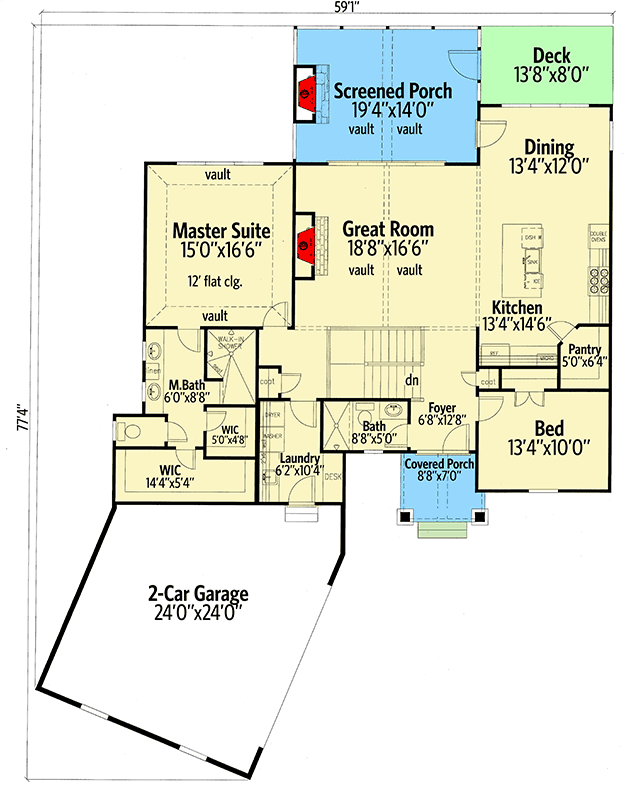 Plan 24409TW: One-Level Craftsman Home Plan with Walk-Out Basement - Floor Plan - Main Level - Country, Craftsman, New American, Traditional