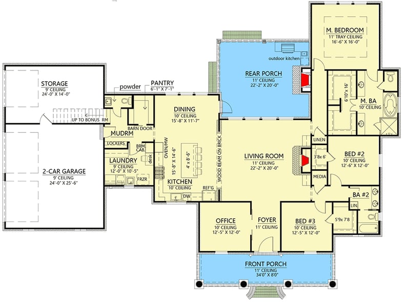 Plan 56464SM: Acadian House Plan with Bonus Over Garage - 2748 Sq Ft - Floor Plan - Main Level - Acadian, Country, French Country, Louisiana-Style, Southern