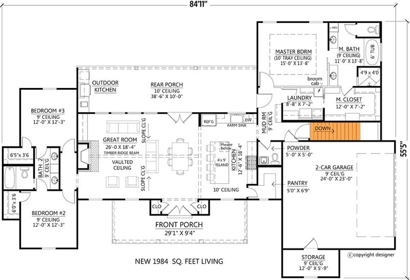 Plan 56465SM: Split Bedroom Modern Farmhouse Plan with Vaulted Great Room - 1954 Sq Ft - Floor Plan - Main Floor - Basement Version - Country, Farmhouse, Modern Farmhouse, New American, Southern, Traditional