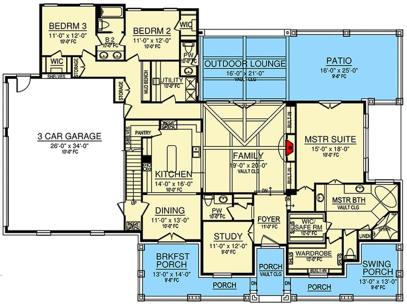 Plan 36594TX: 5-Bed Two-Story House Plan with Ample Outdoor Living Space - Floor Plan - Main Level - Country, Hill Country