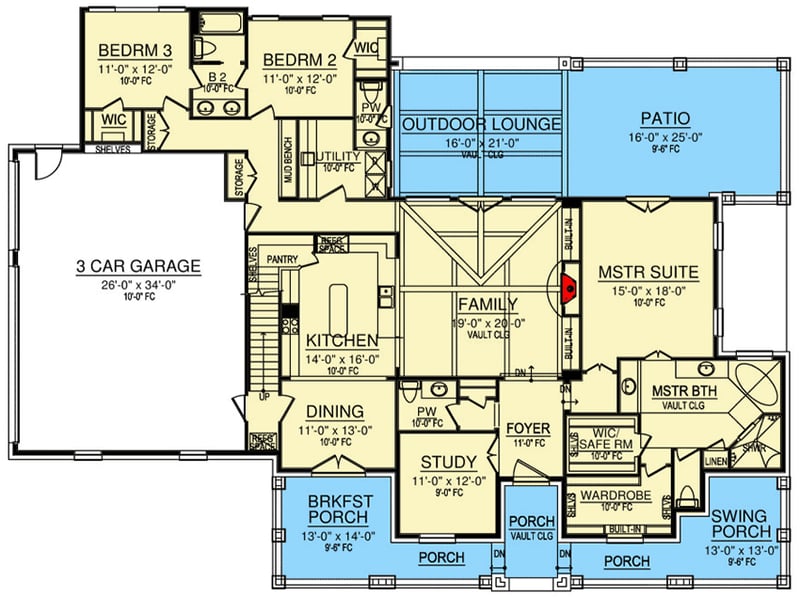 Plan 36593TX: 4-Bed Home Plan with Large Outdoor Living Spaces - Floor Plan - Main Level - Country, Hill Country