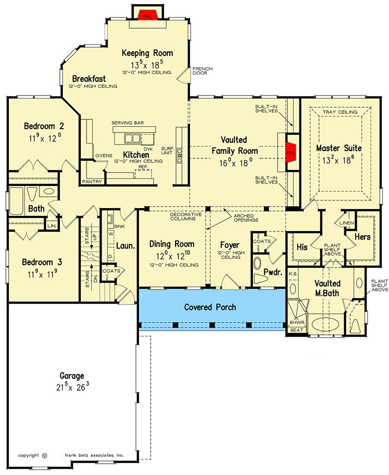 Plan 710352BTZ: 3-Bed House Plan with Keeping Room and Split Bed Layout - Floor Plan - Main Level - New American, Southern