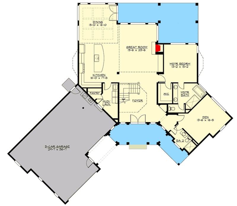 Plan 23852JD: Expanded Craftsman House with 3-Car Angled Garage - Floor Plan - Main Level - Craftsman, Northwest