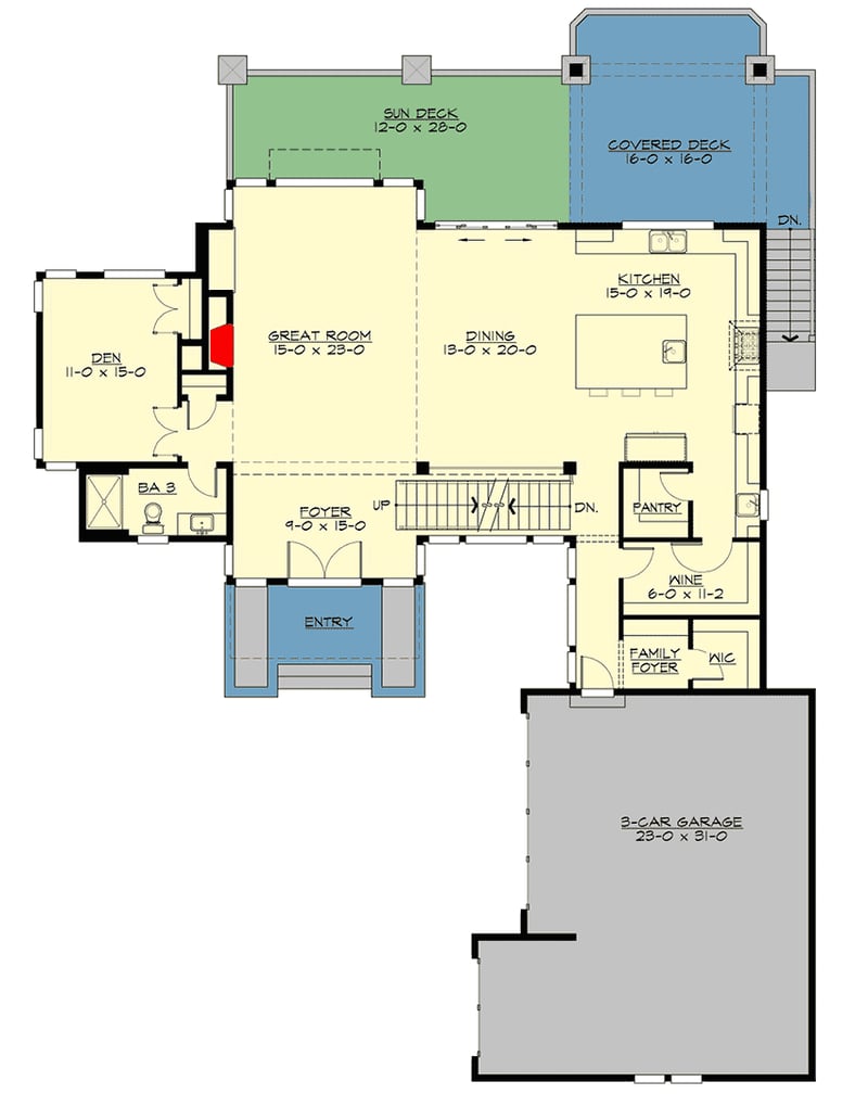 Plan 23856JD: Luxury Modern House Plan with Wine Room and Private Den with Guest Room Potential - Floor Plan - Main Level - Modern, Northwest, Prairie